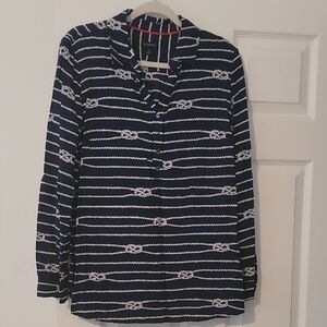 Talbots Navy and White Rope-Print Button Front Top, 100% Rayon